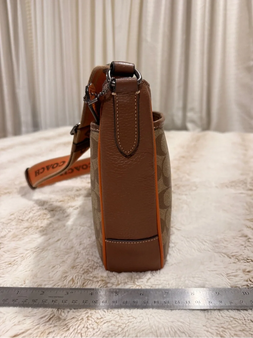 COACH Signature Jacquard Crossbody Bag Brown Tan Orange Logo Strap